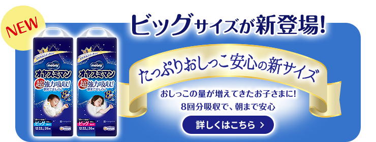 ビッグサイズが新登場！, たっぷりおしっこ安心の新サイズ, おしっこの量が増えてきたお子さまに！, 8回分吸収で、朝まで安心, 詳しくはこちら