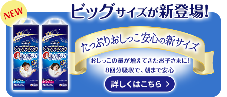 ビッグサイズが新登場！, たっぷりおしっこ安心の新サイズ, おしっこの量が増えてきたお子さまに！, 8回分吸収で、朝まで安心, 詳しくはこちら